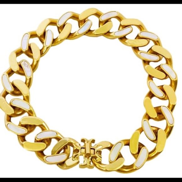 šTory Burch Roxanne Inlay Chunky Bold Statement Gold Necklace - Picture 7 of 10